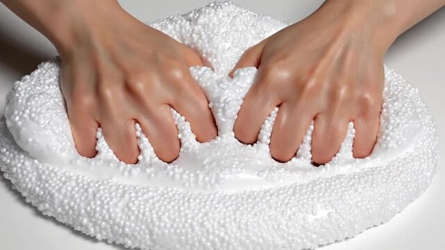 Close-up of hands gently pressing into a soft white towel.
