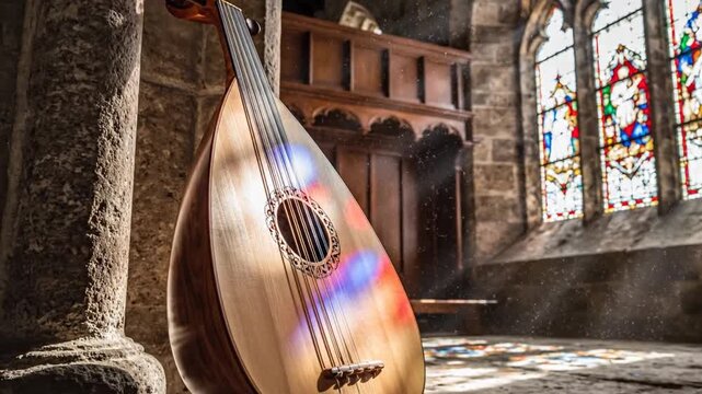 lute in church with stained glass window, musical instrument