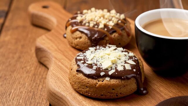 A wooden cutting board features two frosted desserts, white chocolate shavings, with coffee