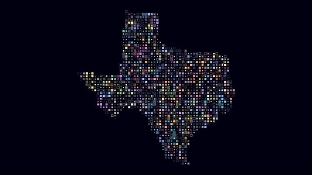 Texas animated shape. Pulsating colored dots on the map of the state. Small size square blocks. Digital style Texas map on dark background. Stylish animation video.
