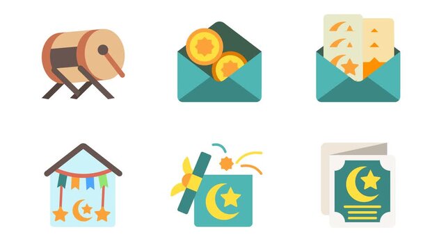 Ramadan, Eid Al-Fitr, Eid Al-Adha 2D Flat Icon Animation Cartoon 4K Video. Contain bedug, eid envelope, celebration, gift box, greeting card. Editable On Transparent Background Alpha Channel.