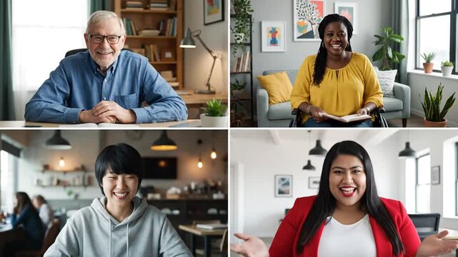 Four diverse individuals on video calls in various settings, featuring smiles and different backgrounds