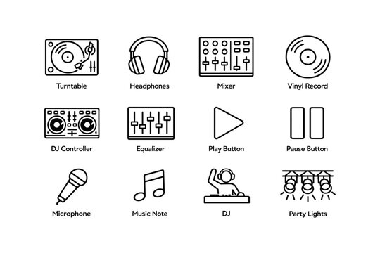 Music equipment icons: turntable, headphones, mixer, vinyl, dj controller