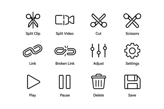 Video editing icons including split, cut, play, pause, delete, save, settings, adjust, link, broken link