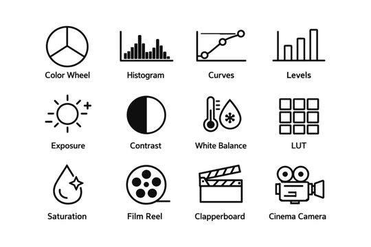Film editing icons: color wheel, histogram, clapperboard, cinema camera, lut