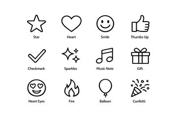 Fototapeta premium Set of 12 minimalist icons: star, heart, smile, thumbs up, checkmark, music note, gift