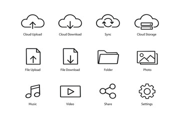 Obraz premium Set of technology icons with cloud, file, music, video, and settings symbols