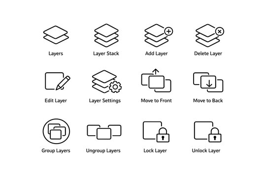 Collection of layer management icons for editing and organizing