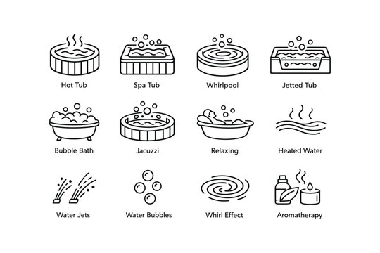 Hot tub icons: spa tub, whirlpool, bubble bath, relaxing, aromatherapy