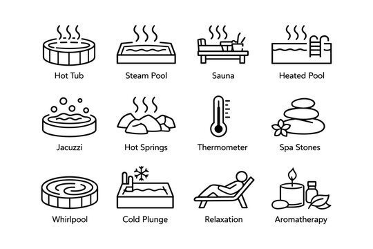 Spa icon set: hot tub, sauna, aromatherapy, hot springs, relaxation
