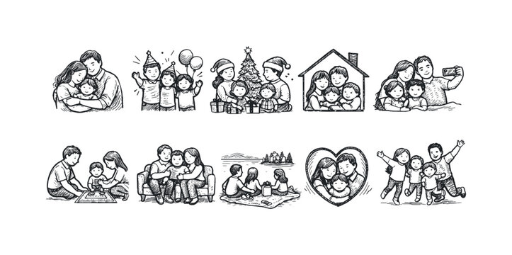 Family, relationship sketch icon set. Heartfelt, family bond icons outline collection