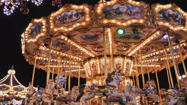 carousel at night, amusement park, illuminated, horses, entertainment