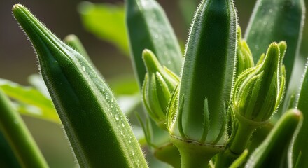 Obraz premium Close-up of vibrant green okra pods growing on the plant with water droplets