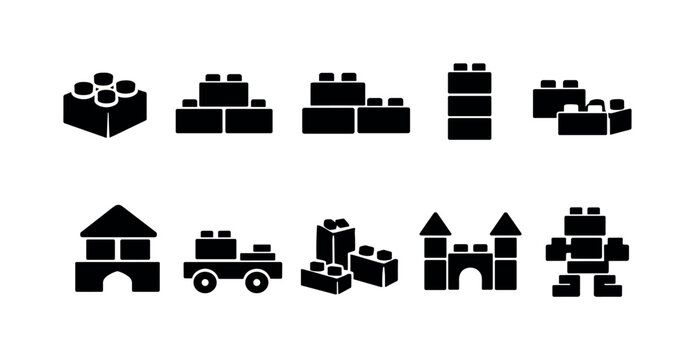Building block silhouette icon set. Construction, toy, block, creative solid icons.