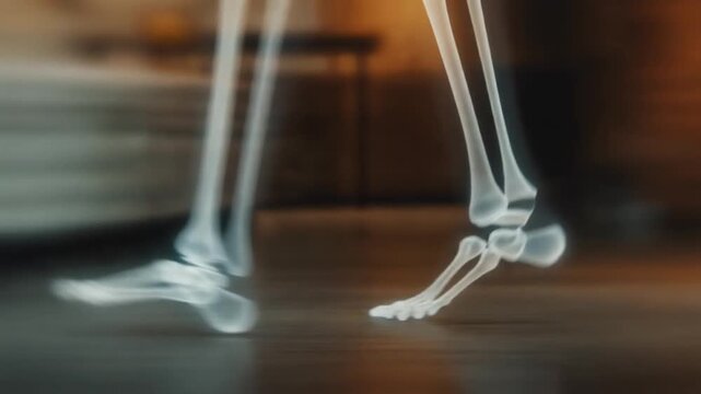 Human leg and foot bones in a skeletal representation during a walking motion