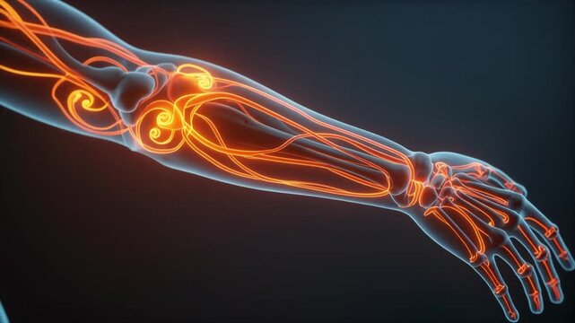 A vibrant 3D rendering displays human arm and hand anatomy with glowing neural pathways and skeletal structure