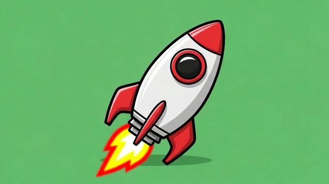 Rocket soaring high: A vibrant rocket ship blasts off, leaving a fiery trail against a soft green backdrop, symbolizing innovation, progress, and the boundless pursuit of exploration.