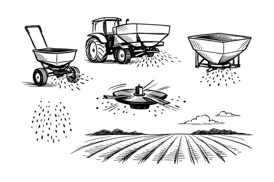 Agricultural machinery illustrations: tractor, spreader, drone, fertilizer distribution