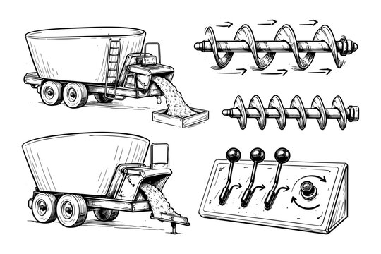Industrial feed mixer and auger mechanism sketch with controls