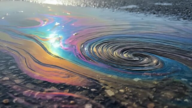 Swirling iridescent oil slick on wet asphalt, reflecting bright sunlight
