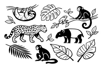 Naklejka premium Jungle animals silhouette: monkey, sloth, leopard, tapir, jungle foliage