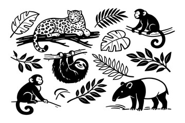 Naklejka premium Jungle animals illustration with leopard, monkeys, sloth, and tapir among leaves