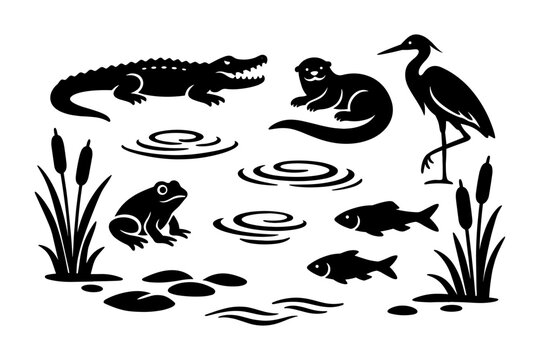 Wetland wildlife silhouettes: alligator, otter, heron, frog, fish