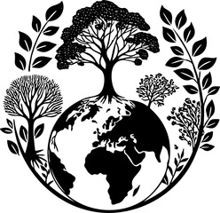 Environmental Tree and Globe Symbol Silhouette Vector Illustration