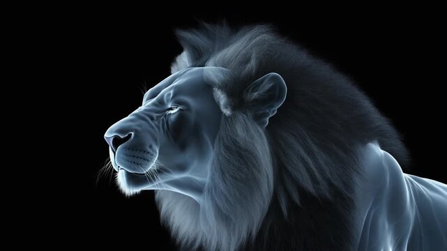 A glowing blue lion roars with a fierce expression against a black background