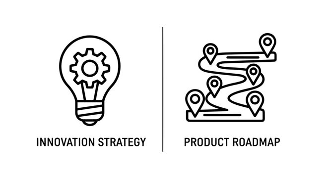 Icons representing innovation strategy with a lightbulb and gears, and product roadmap with map pins.