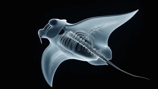 Transparent image of a manta ray skeleton displaying its internal structure in a gentle swimming pose