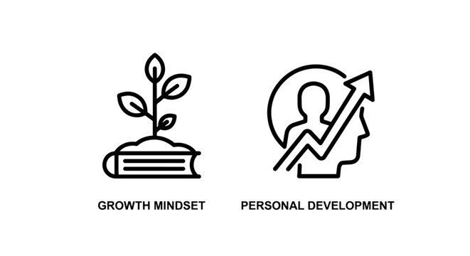 Icons for growth mindset and personal development, showing a plant growing from a book and a person's head with a rising graph.
