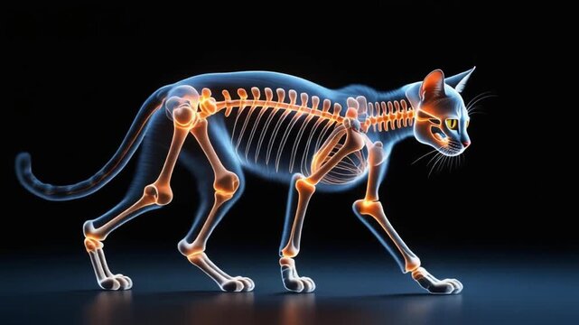A digital rendering of a cat skeleton walking with glowing bones