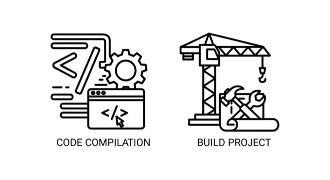 Software Engineering Icons: Code Compilation and Build Project, symbolizing development processes