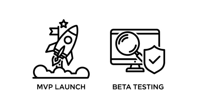 Startup and Beta Testing Icons: MVP Launch rocket and Computer with magnifying glass and shield