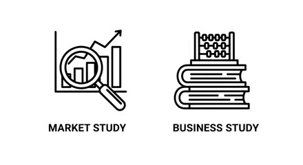 Naklejka premium Line icons illustrating market study with a magnifying glass over charts and business study with an abacus on books, for research and analysis.
