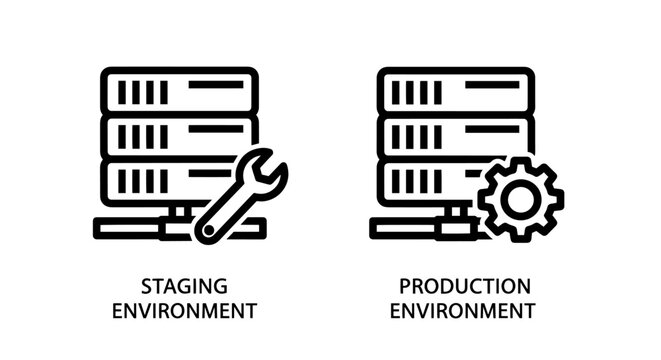 IT environment icons: staging environment with servers and wrench, production environment with servers and gear.