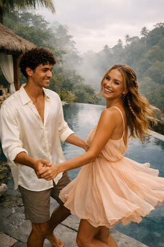 Tropical honeymoon couple spinning joyfully at a luxury balinese jungle infinity pool