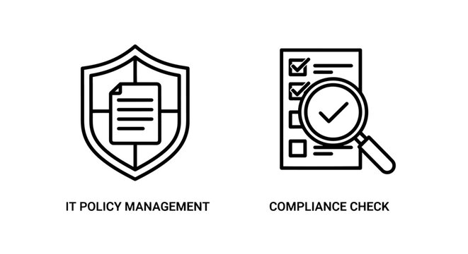 IT policy management and compliance check icons for regulatory adherence and auditing.