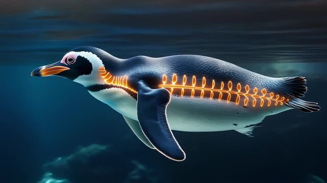 A penguin swims underwater showing its illuminated internal system