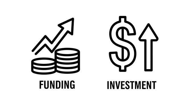 Funding and investment growth icons, symbolizing financial capital, economic progress, and increasing returns with stacked coins and dollar sign charts.