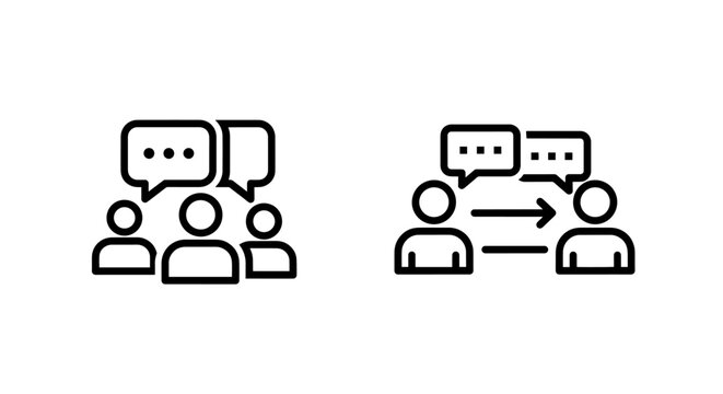 Group communication and direct exchange icons, representing discussions, dialogues, and the flow of information between people in a minimalist style.