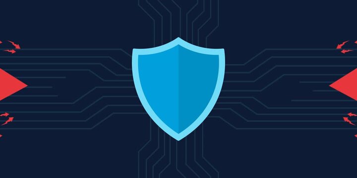 Animated data hub with a pulsing shield blocking red attack arrows using a blue defense beam. High-energy narrative animation of active protection in dark mode.