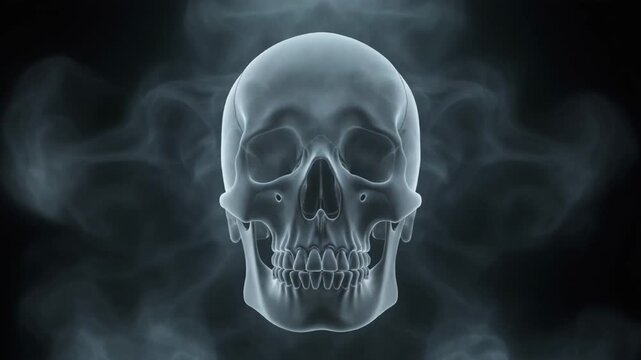 A translucent human skull presented in an X-ray style with glowing smoke on a dark background