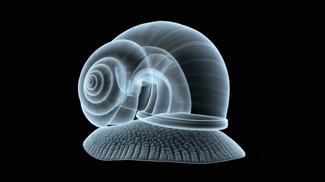 A translucent X ray view of a snail revealing its internal spiral shell and textured body