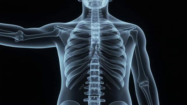 Anatomical view of the human skeletal torso showing spine ribs and arm bones