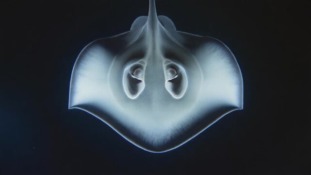 A luminous stingray underside glows in dark water