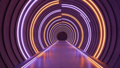 Fototapeta premium Neon Tunnel: A futuristic tunnel with vibrant neon lights guides the viewer through a mesmerizing path, evoking a sense of forward motion and technological advancement.