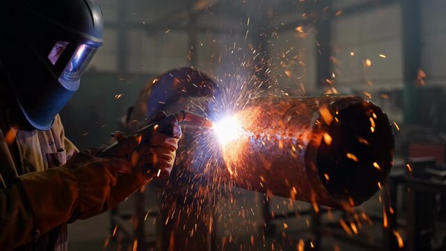 Professional welder working on large metal pipe in industrial setting - 4K Video