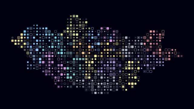 Mongolia map animation. Shape of the country with pulsating colored dots. Small size rounded square blocks. Digital style Mongolia map on dark background. Trending video.